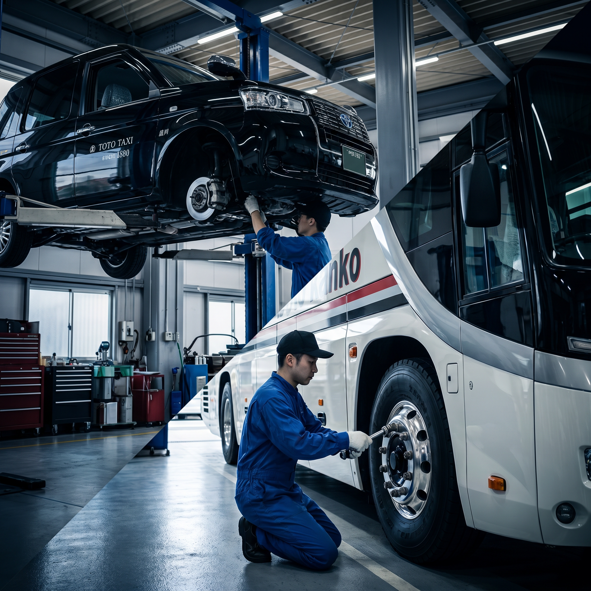 整備士が車両に向き合う横顔、または工場全景