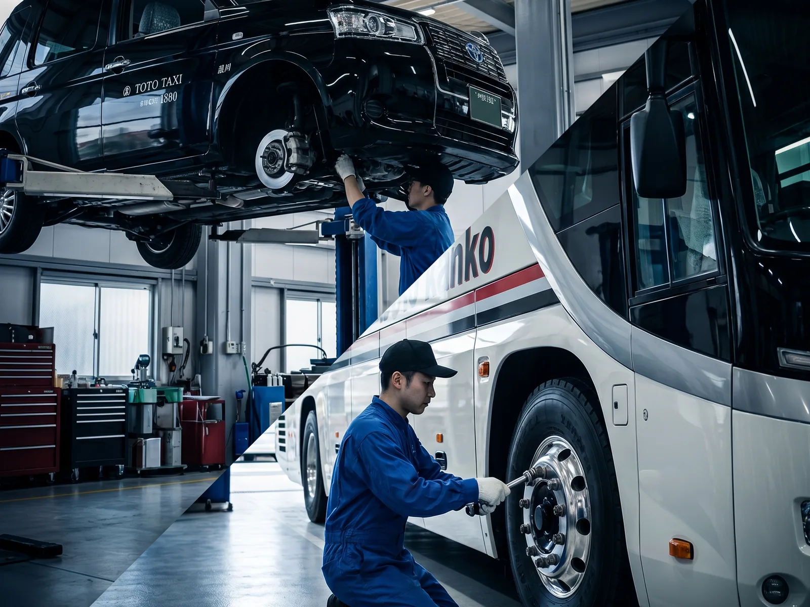 整備士が車両に向き合う横顔、または工場全景